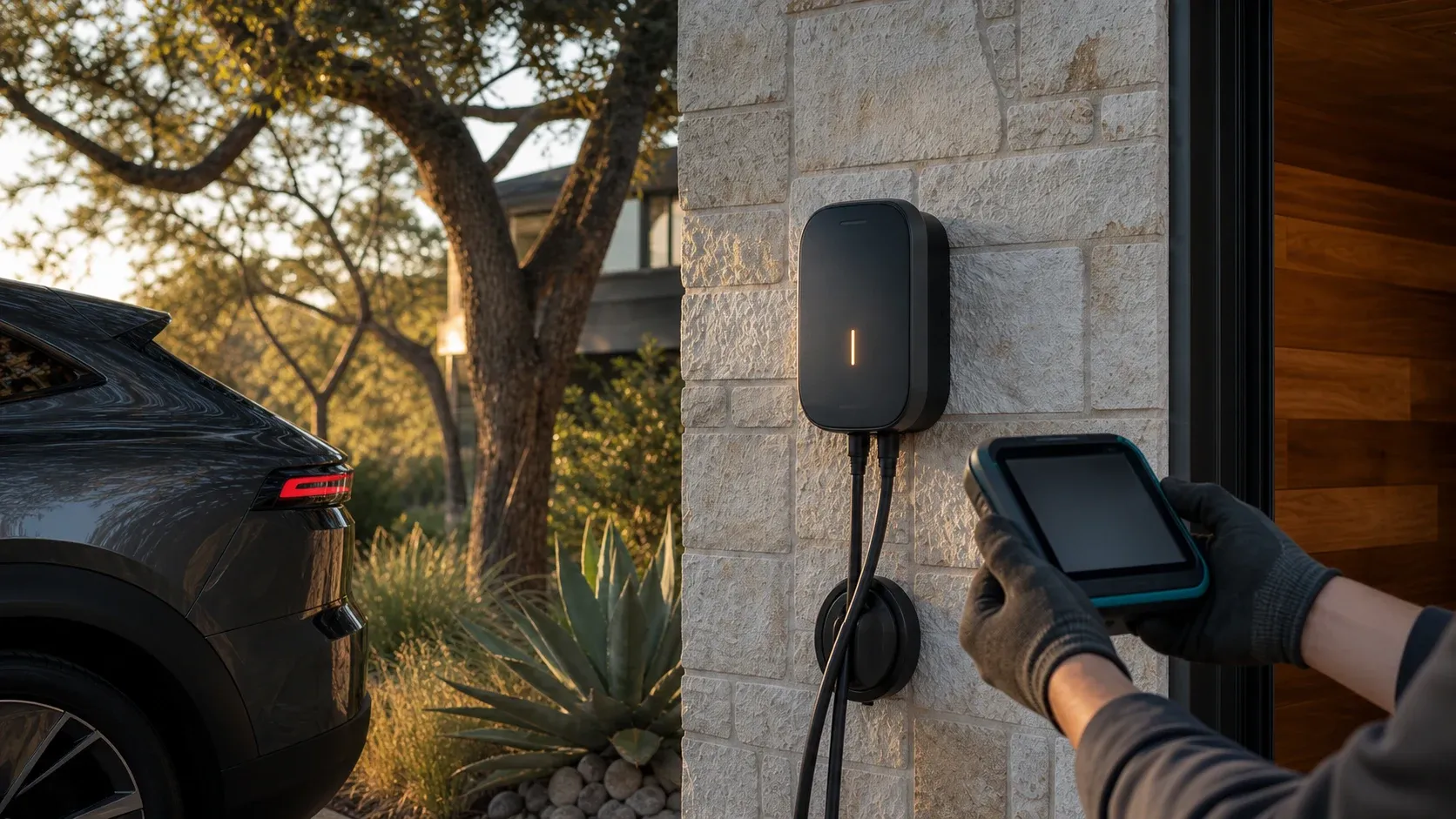 A home garage with an electric vehicle charging area