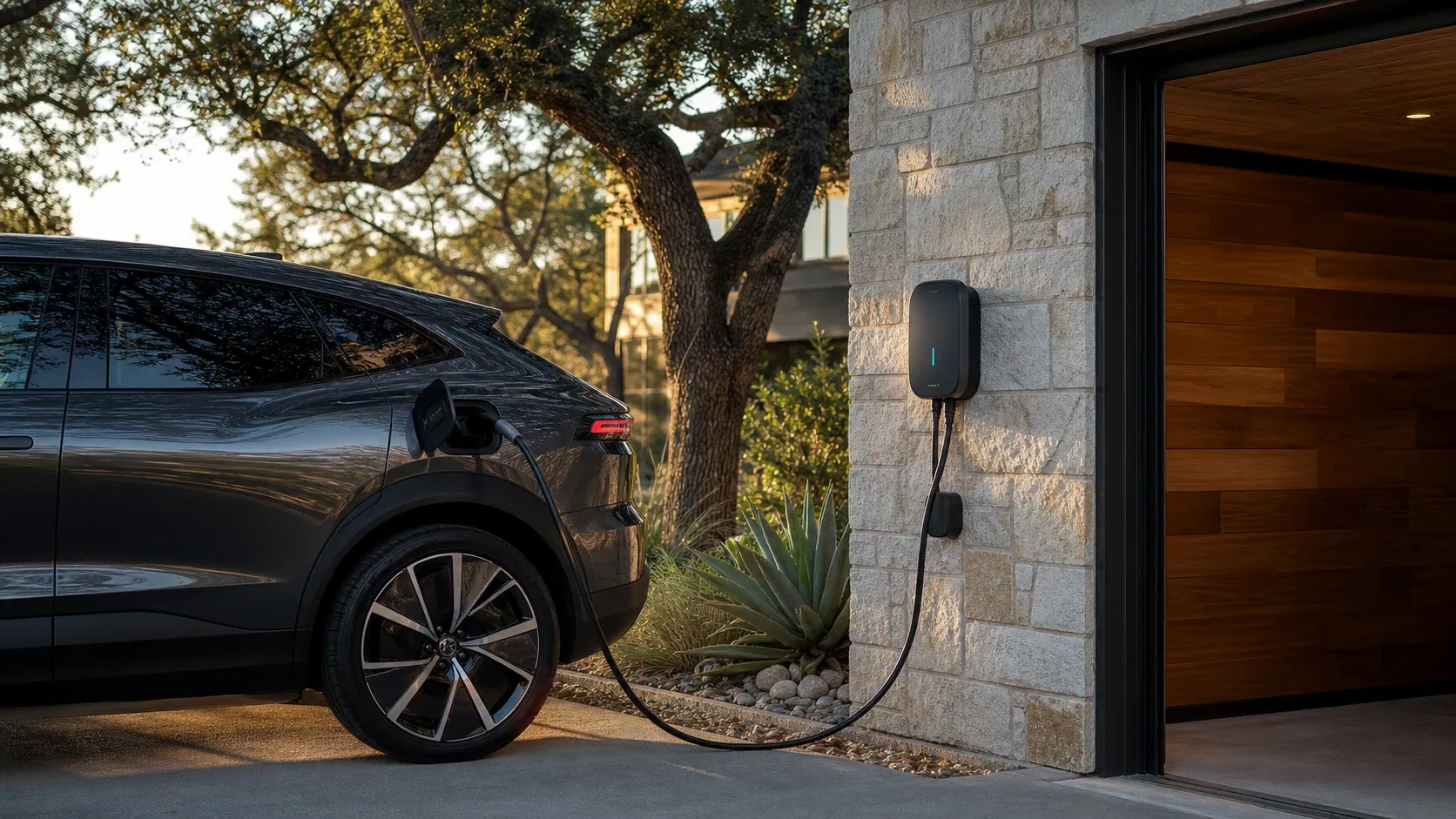 An electric vehicle parked beside a contemporary Central Texas home