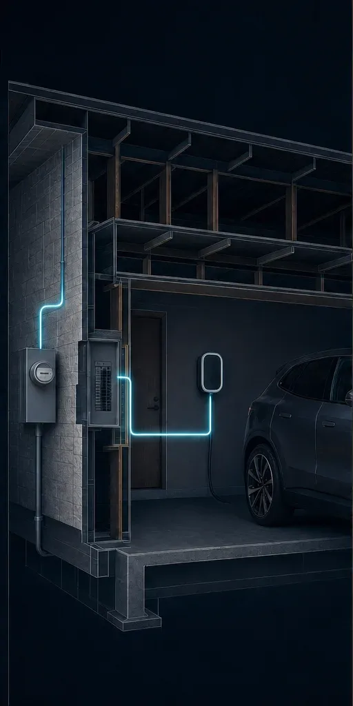 A cutaway view showing the electrical path from a home panel to an EV charger