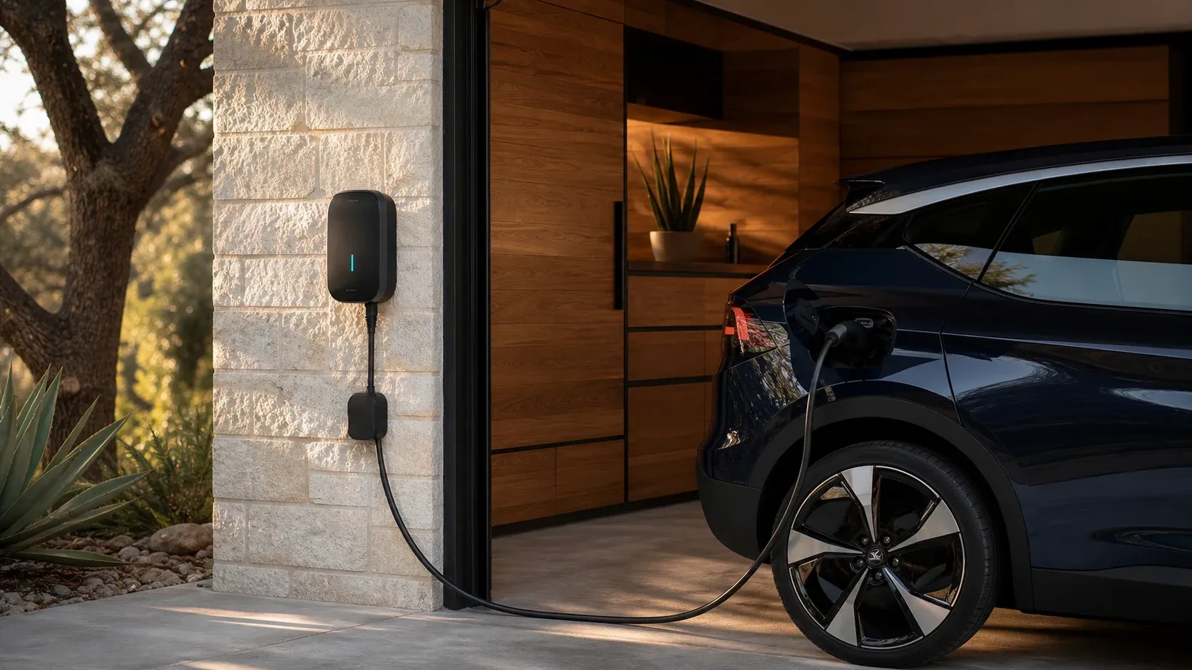 A home electric vehicle connected to a Level 2 charging unit