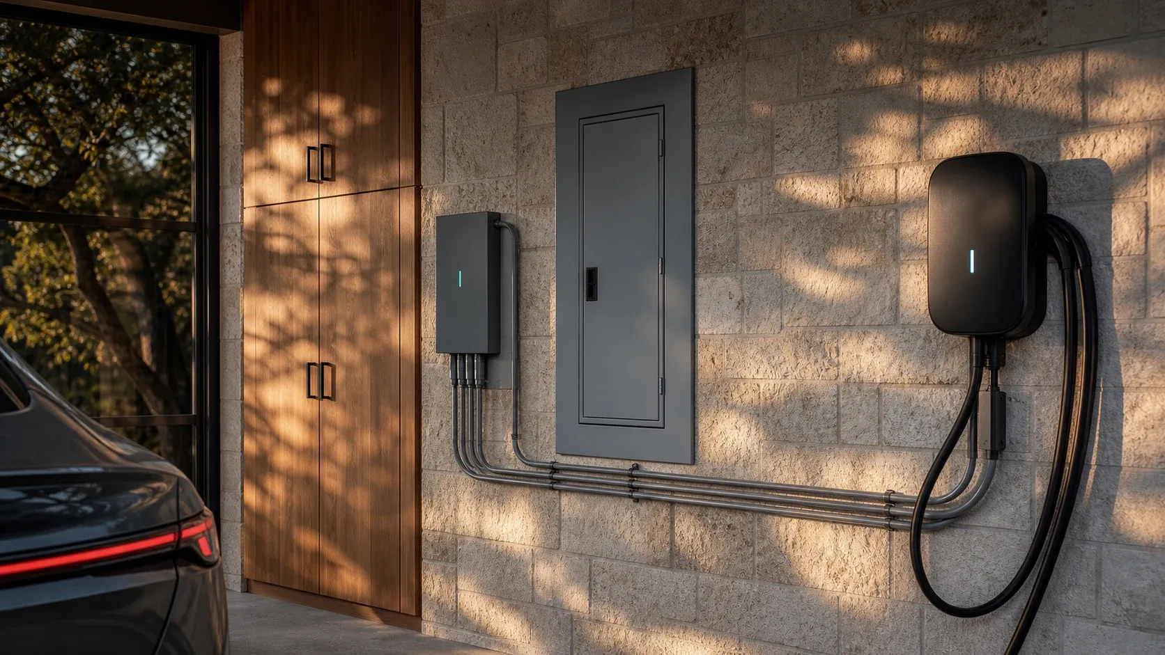 A cutaway view of an Austin-area home electrical route to an EV charger