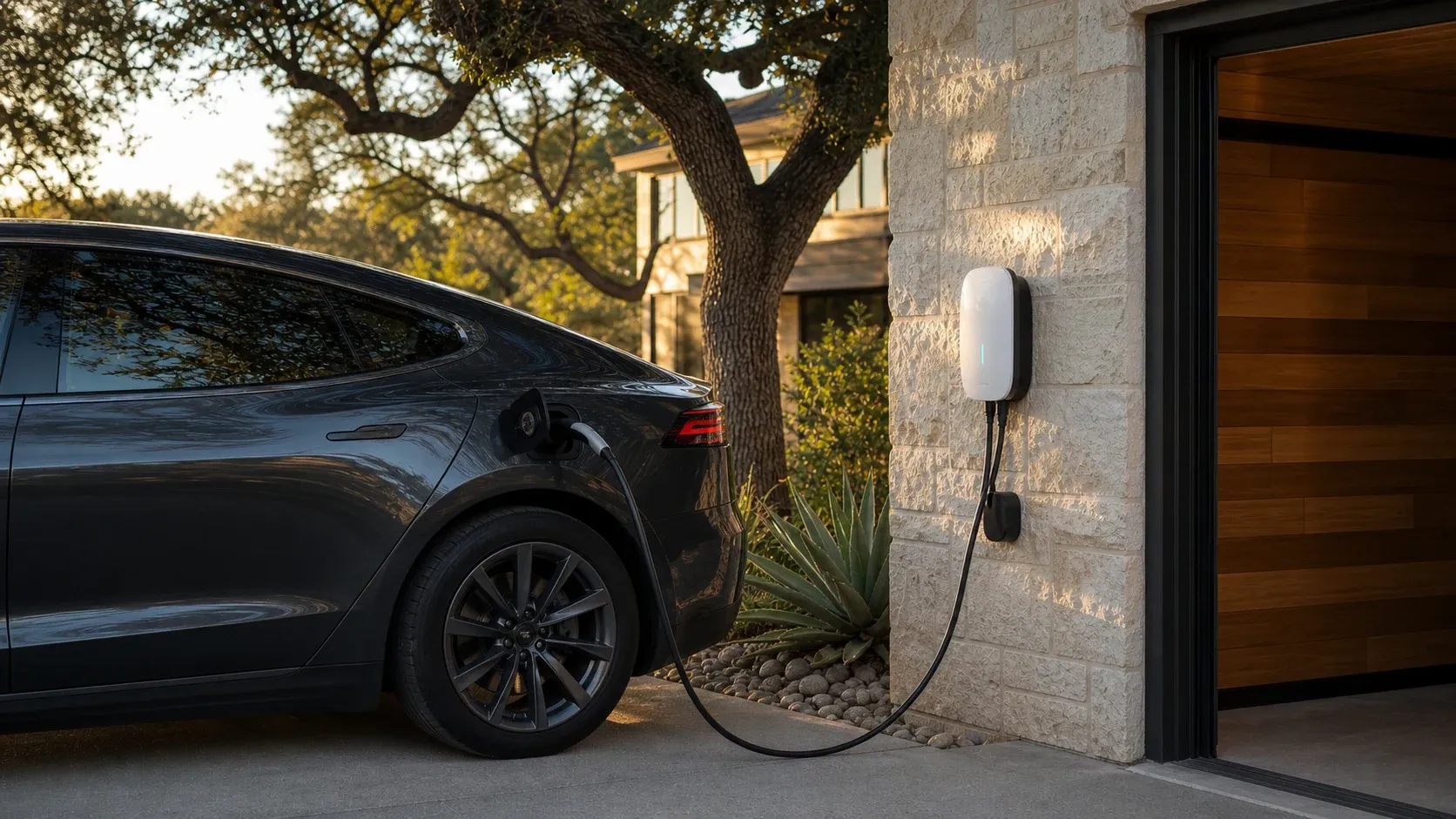 An electric vehicle connected to a wall-mounted home charger